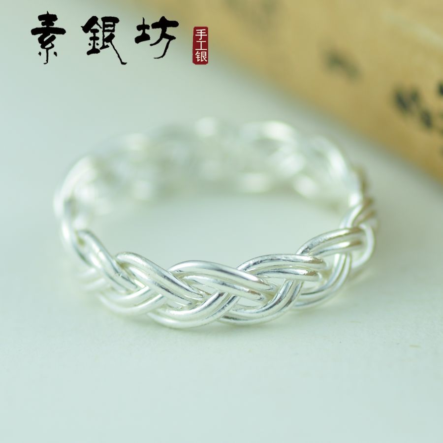 Pure silver ring female handmade weave fashion personality temperament index finger ring foot silver 999 small finger tail ring trendy