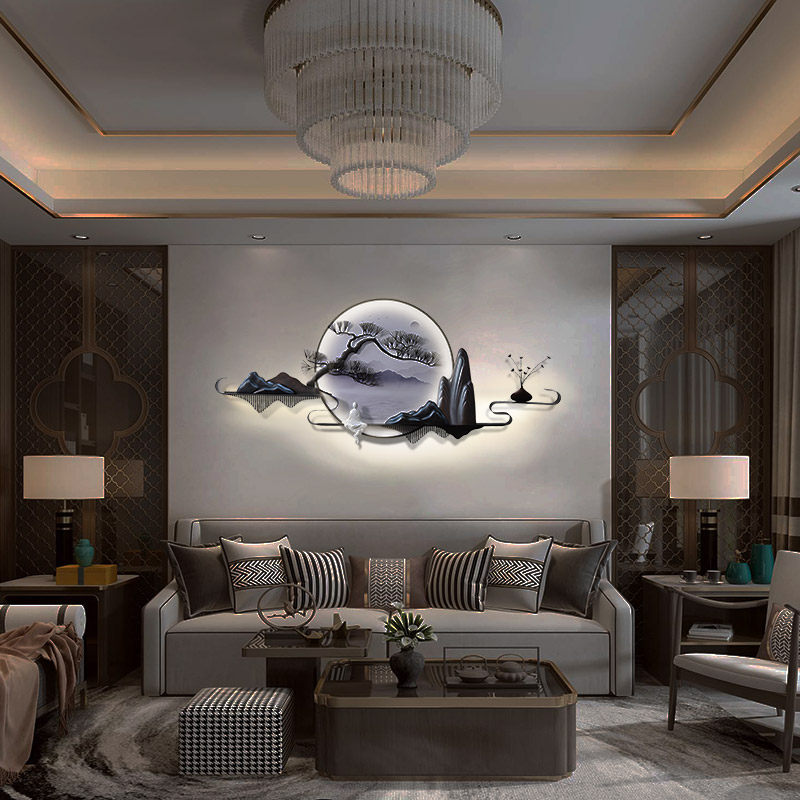 Light Stereoscopic New Chinese Round Wall Decoration Genguan Background Wall Pendant Living Room Sofa Wall Metal Wall-mounted