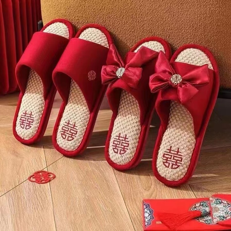 Wedding Slippers Festive Red Linen Newlyweds Couple Home Dressing Gown Wedding Shoes Wedding Celebration Bride Dowry Wedding Slippers Festive Red Linen Newlyweds Couple Home Dressing Gown Wedding Shoes Wedding Celebration Bride Dowry