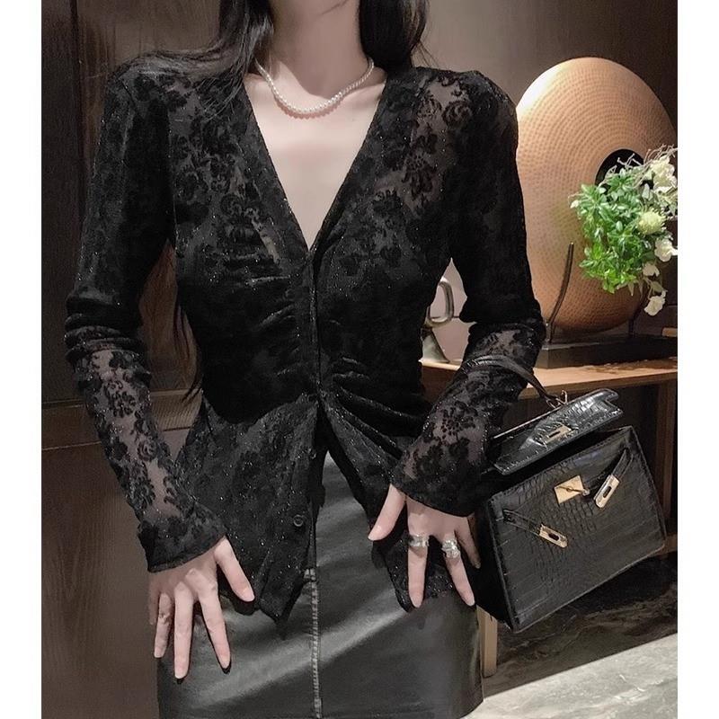 Gold Foil Flocking Shirt for Women, Spring and Autumn Design, Niche Style, Spicy Girl V-Neck Top, Lace Base Shirt, Mesh Inner Layer