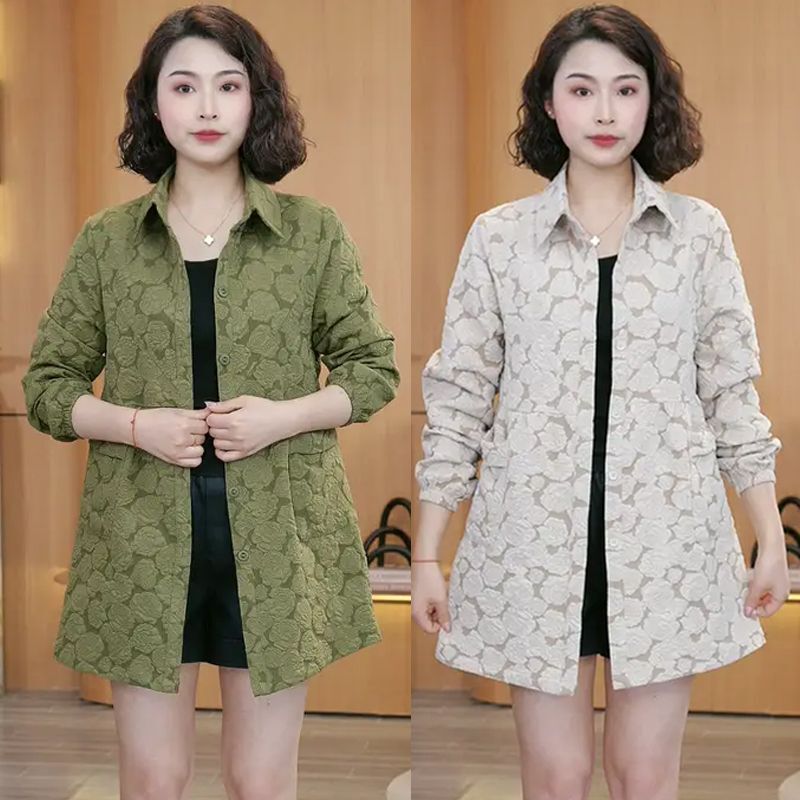 High-End Large-Pocket Thin Trench Coat with Floral Pattern for Women, Mid-Length, Versatile, Korean Style, Loose, Fashionable, Casual Jacket