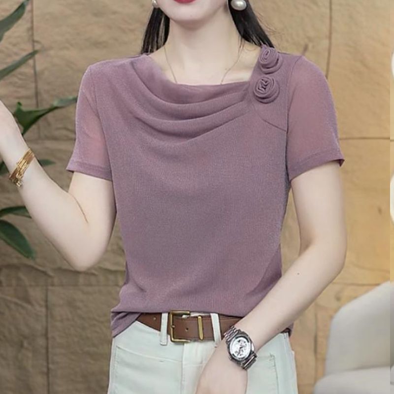 Summer High-End Style Stacked Collar Short-Sleeve T-Shirt for Women, Fashionable, Age-Reducing, Versatile, Stretchy Mesh, Trendy Top