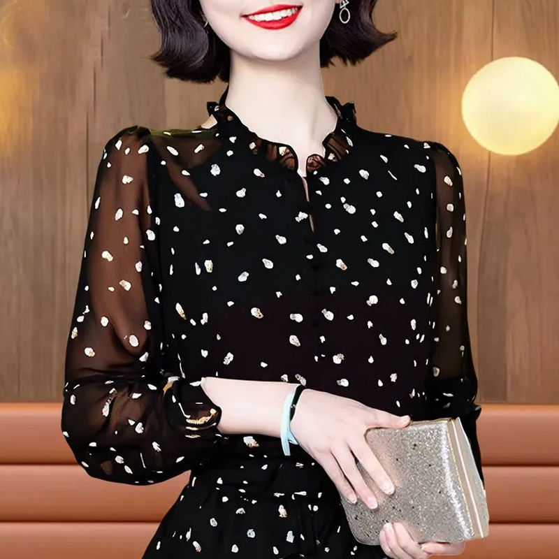 High-End Glass Silk French-Style Printed Polka Dot Shirt for Women, New Style, Versatile, Loose, Stylish, Lightweight Top