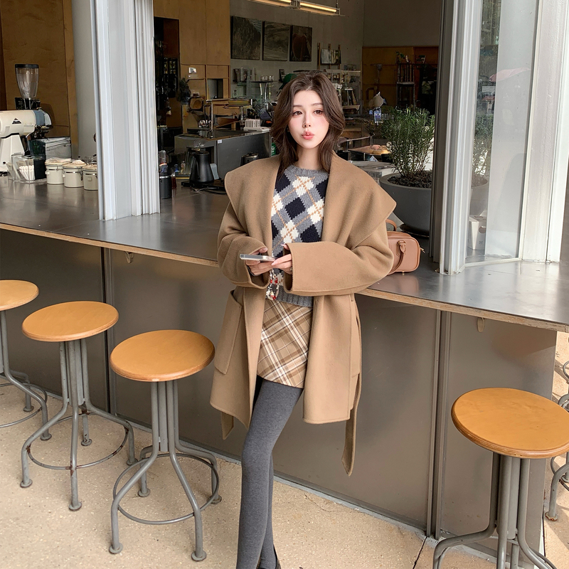 Discount Season Camel Wool Large Lapel Commuter Style Loose Mid-Length Double-Sided Wool Coat W Discount Season Camel Wool Large Lapel Commuter Style Loose Mid-Length Double-Sided Wool Coat W