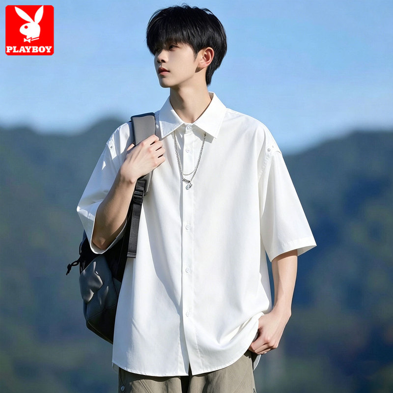Playboy American High Street Style Short-Sleeve Shirt for Men, Summer New Design, Casual Trendy Brand White Top