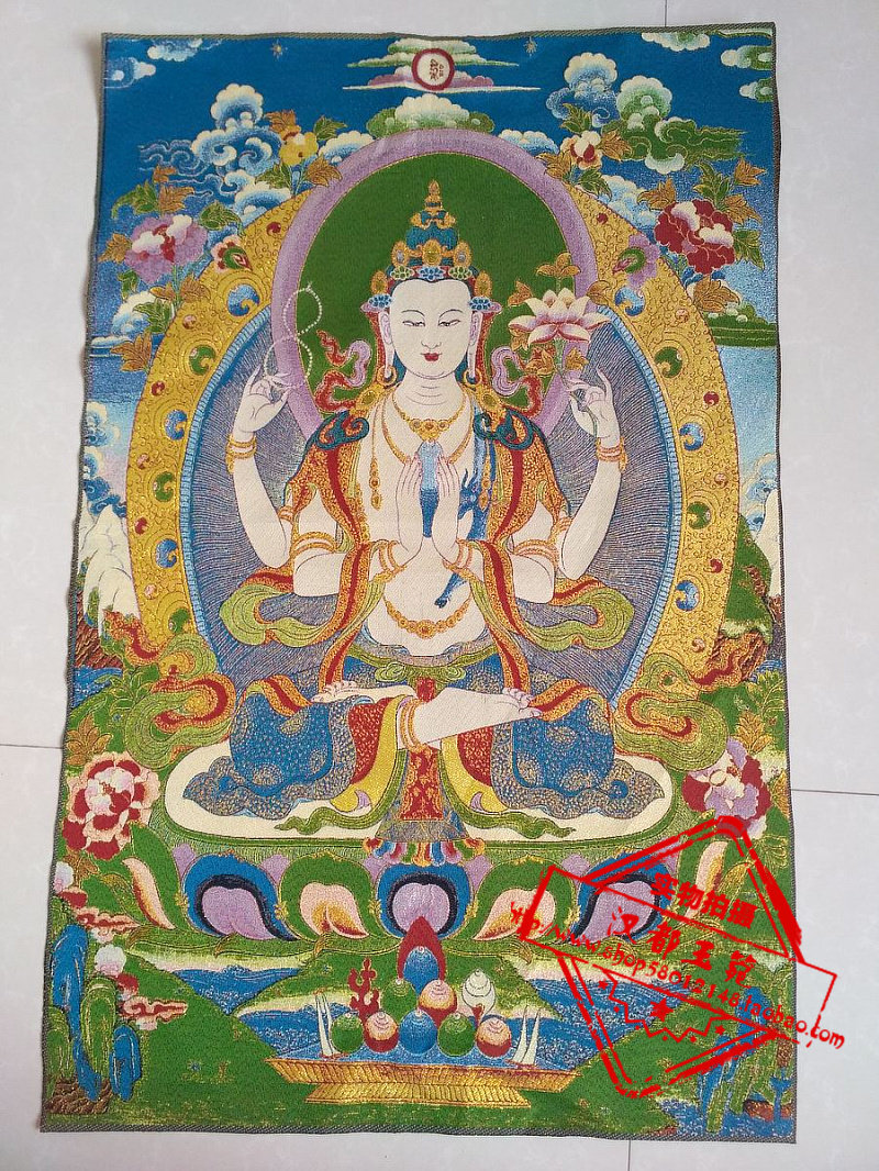 Ancient play Tang kweave embroidered white degree mother like Tang card embroidery Four-arm Guanyin Bodhisattva statue of home decoration painting