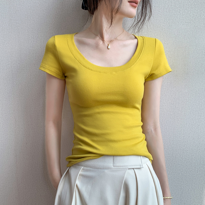 Low-Neck Short-Sleeved T-Shirt for Women 2026 Summer New Slim Fit Revealing Collarbone Yellow Versatile Pure Cotton Half-Sleeve Top Low-Neck Short-Sleeved T-Shirt for Women 2026 Summer New Slim Fit Revealing Collarbone Yellow Versatile Pure Cotton Half-Sleeve Top