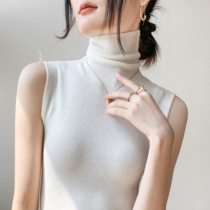 Wool Turtleneck Base Shirt for Women, Spring 2025, Slim Fit, Slimming Sweater, Stacked Collar Vest, Sleeveless Knit Top