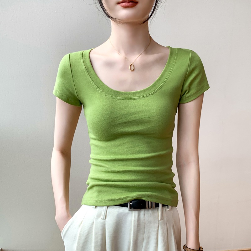 Pure Cotton U-Neck Short-Sleeve T-Shirt for Women, 2026 Summer New Style, Revealing Collarbone, Large Neckline, Waist-Cinching, Slimming, Fruit Green Top Pure Cotton U-Neck Short-Sleeve T-Shirt for Women, 2026 Summer New Style, Revealing Collarbone, Large Neckline, Waist-Cinching, Slimming, Fruit Green Top