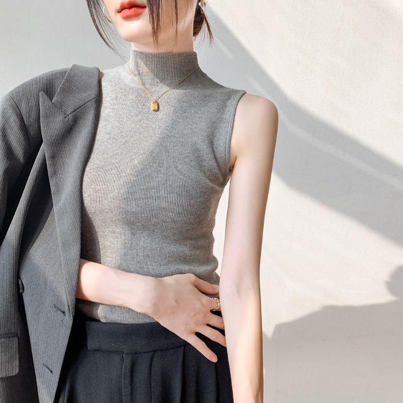 Half-High Collar Sleeveless Vest for Women, Wool Base Layer, Gray Suit Inner Layer, Slim Fit, Mid-Neck Knitwear