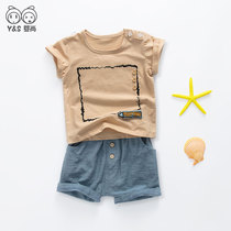 Boys summer clothes 2021 new stationery set childrens small baby pure cotton short-sleeved two-piece set baby clothes childrens clothing