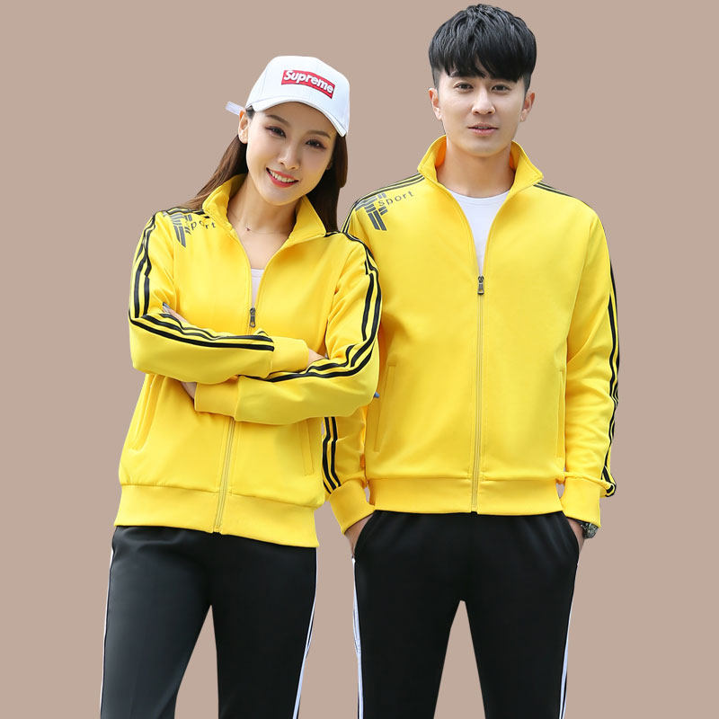 Couple sports suit men and women spring and autumn casual two-piece set three-bar cardigan stand-up collar walking group clothing printing