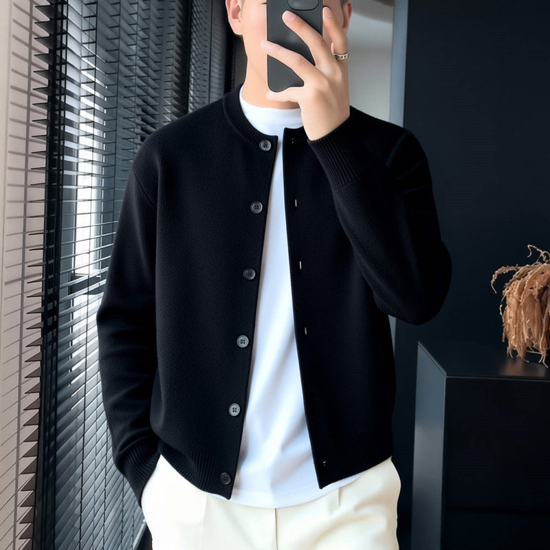 Light Luxury High-End Black Knitted Cardigan Button Sweater for Men, Autumn Loose Fit, Slightly Stretchy, Trendy Versatile Casual Top