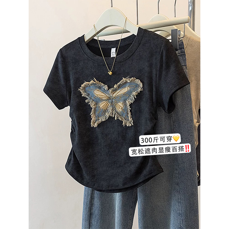 150kg Plus Size Women's Clothing 2026 Summer Hot-Selling Regular Shoulder Tie-Dye Waist-Cinching Niche Short-Sleeve T-Shirt 200 Loose Top