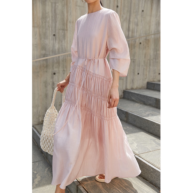 Cr Dress Spring/Summer New Style Women's Pleated Design Relaxed Round Neck Casual Long Dress Beach Vacation Commuting Pink
