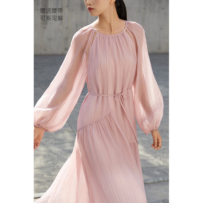 Cr Spring and Summer Holiday Style New Dress, Waist-Cinching, Sweet and Gentle Style Long Dress, Loose French-Style Pink Pleated Skirt