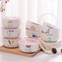 zakka Japanese instant noodle bowl ceramic 6 inch bowl with sealed lid fruit salad bowl fresh Bowl microwave stove bowl lunch box