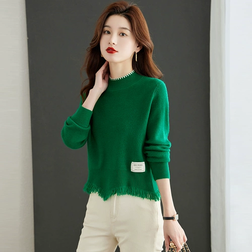 Короткий демисезонный модный трикотажный свитер, подходит для подростков, коллекция 2023, высокая талия, высокий воротник