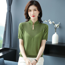 Middle-aged mom summer wears short sleeves t shirts clothes national wind shirt and collar coat chic gas knitting shirt