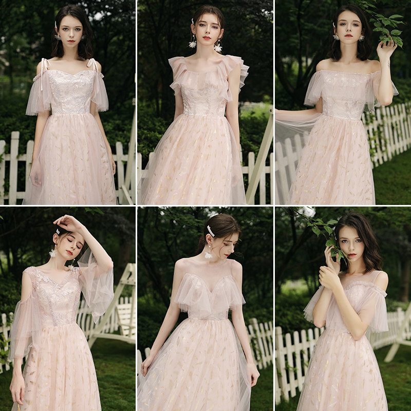 Bridesmaid dress fairy quality 2021 new summer simple thin cover arm sister group evening dress skirt female medium-long version