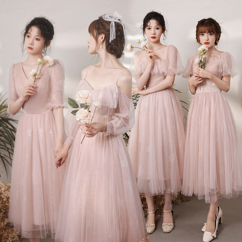 Pink bridesmaid dress 2022 new winter fairy-like senior sisters group host dress women can usually wear thin