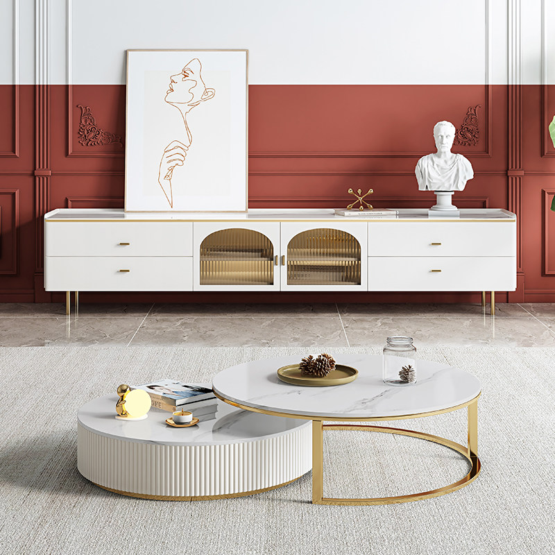 Light Extravagant Marble Rock Plate TV Cabinet Tea Table Combo Small Family living room French Style Ground Cabinet Modern Brief senior
