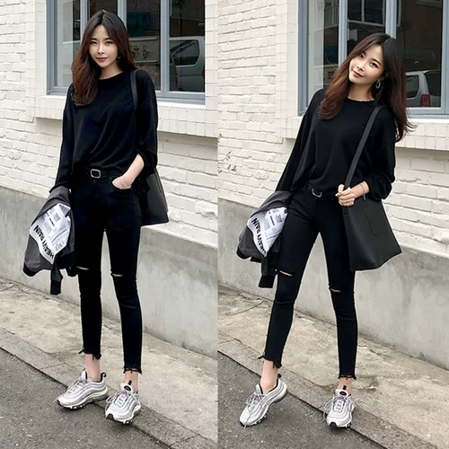 Джинсы, черные цветные тонкие демисезонные эластичные штаны, высокая талия, сезон 2021, подходит для подростков, в обтяжку