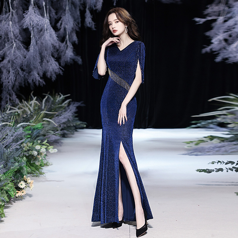 Blue Evening Dress for Women 2026 New Style High-End Banquet Annual Meeting Host Mermaid Dress Light Luxury Niche High-End