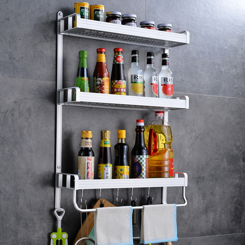 Hole-free kitchen rack wall-mounted seasoning jar shelf 3-layer thickened space aluminum kitchen rack wall-mounted storage