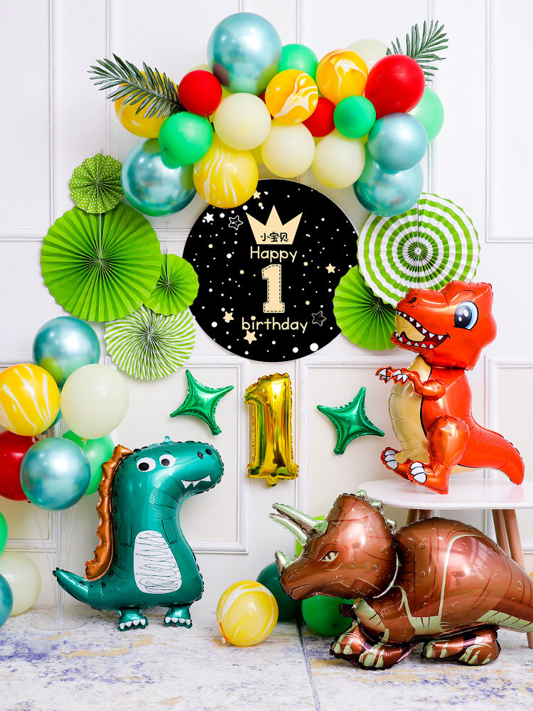 Baby one-year-old dinosaur-themed balloon boy happy birthday party decoration scene with background wall