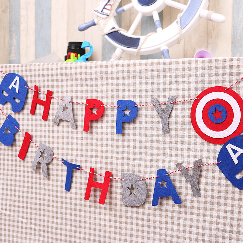 Captain America theme decoration Pull the flag banner pull the fishtail flag Boy 100 days 1st birthday party decoration