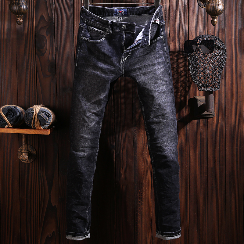 Spring and Autumn New Trendy Brand Black Men's Jeans Slim Fit Straight Leg Embroidered Stretch Youth Versatile Skinny Pants