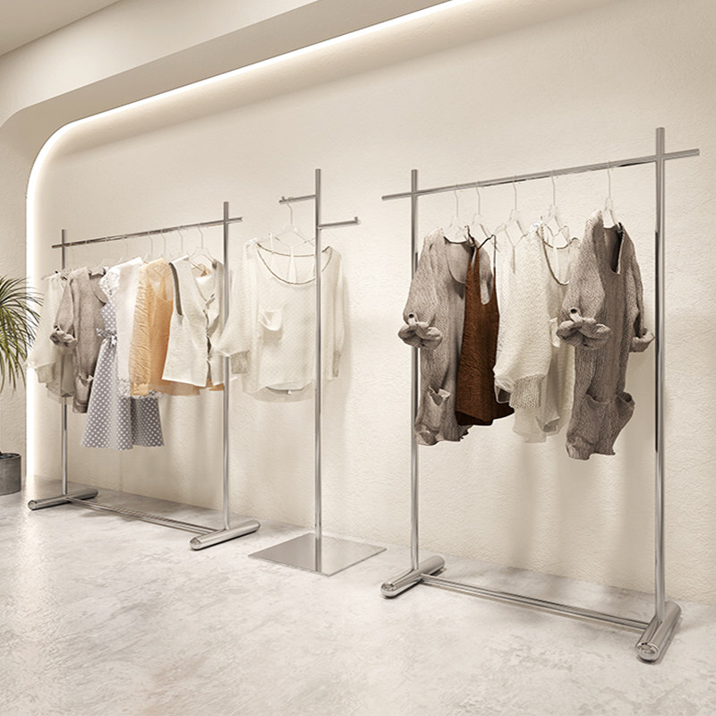 Clothing store Net red hangers stainless steel brushed silver shelves floor-standing clothes bar clothing display shelves