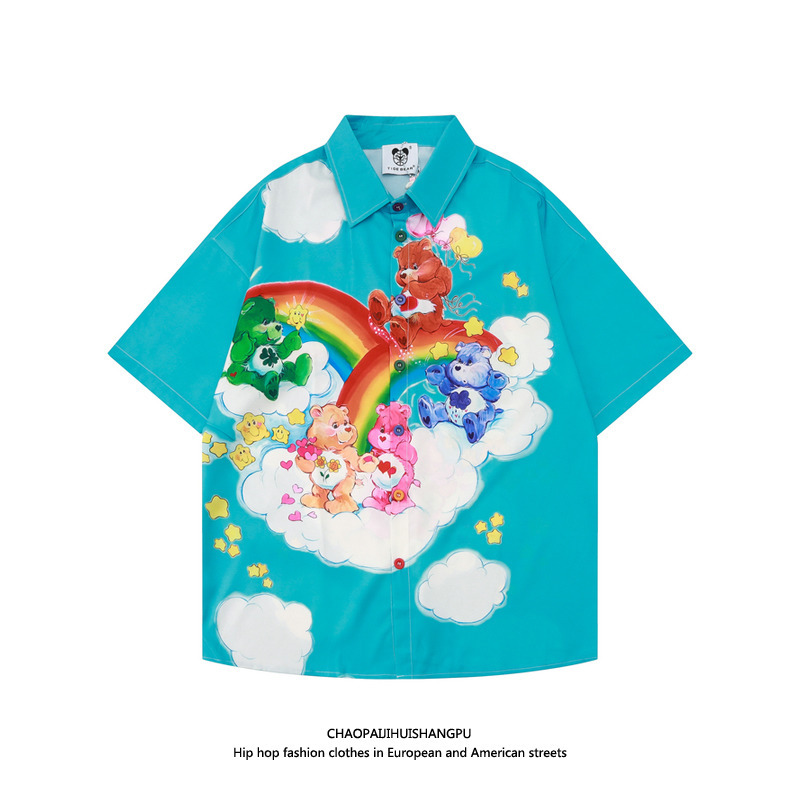 Thai Trendy Brand Build Jin Jiancheng Same Style Cartoon Rainbow Bear Print Short-Sleeved Shirt Unisex Loose Shirt