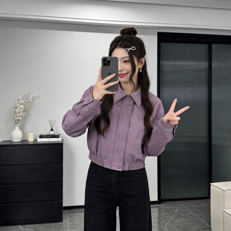 Purple High-Street Stylish Short Leather Jacket for Petite Women, Early Spring Versatile Turn-Down Collar No-Wash Glossy Jacket