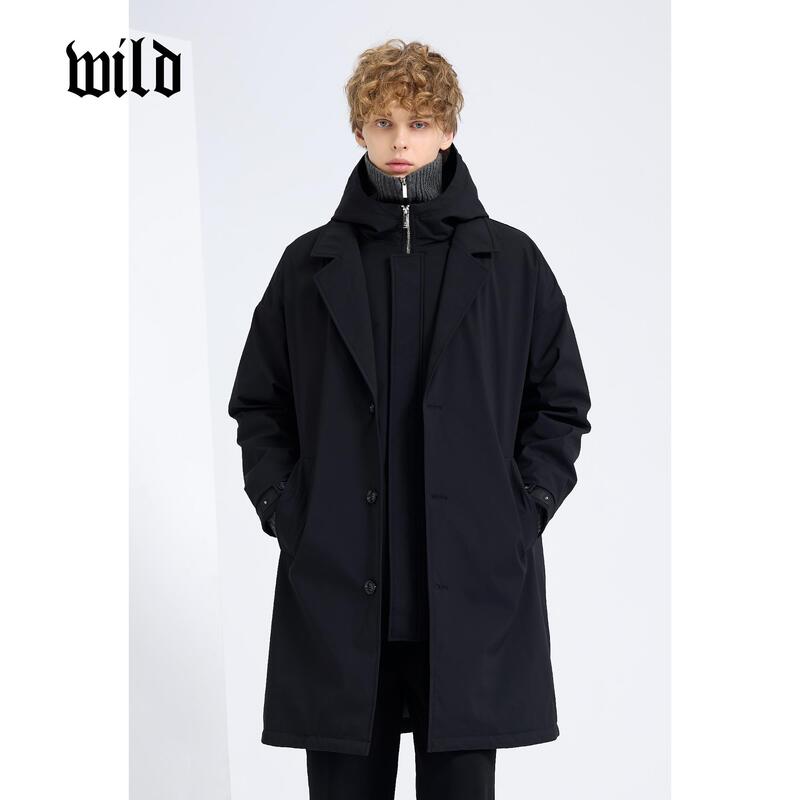 Windbreaker and down Jacket Two-In-One Detachable Two-Piece Set for Men, Winter Thickened Goose down Black Hooded Mid-Length Coat