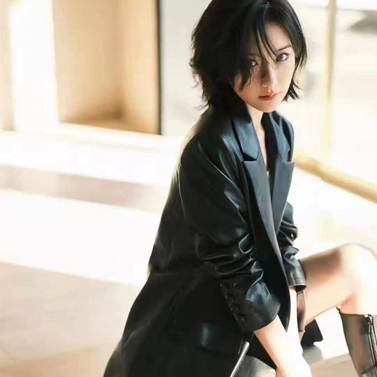 2023 spring Mao 1 Xiaotong same style genuine leather women's mid-length sheepskin loose leather suit jacket