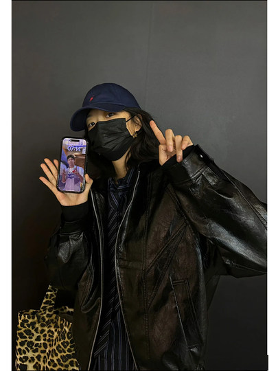 25 spring Sun Qian Cai Wenjing's same style genuine leather jacket for women black loose full vegetable tanned sheepskin jacket short style