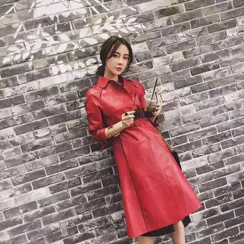 2021 autumn star with the same Haining leather leather women's medium and long version windbreaker Sheepskin slim down red jacket
