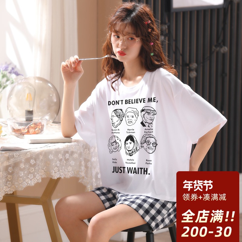 Summer pajamas female cotton thin loose Korean version large size ICE cotton silk student ins home clothes two-piece set