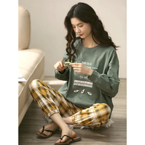 2022 new pyjamas female spring autumn pure cotton thin section long sleeve round collar cover head plaid pure color home to suit two suits