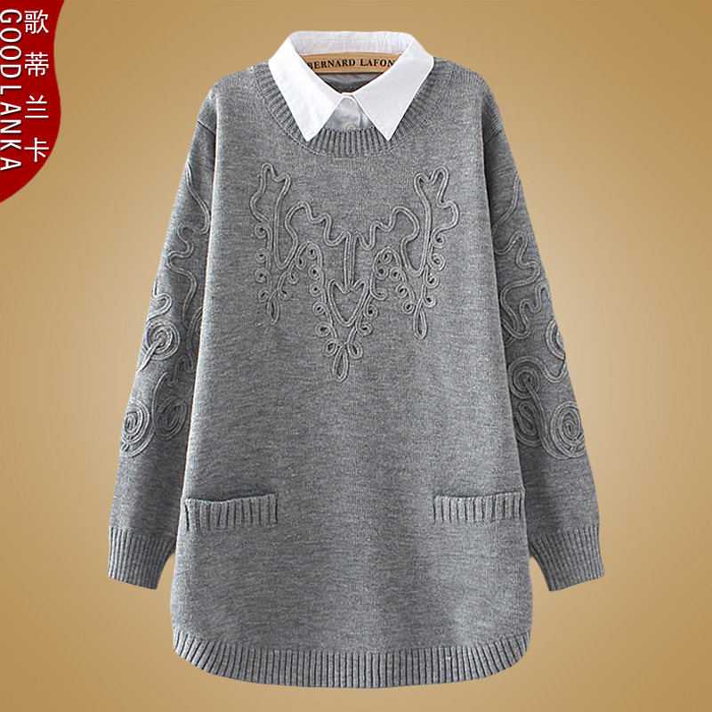 Fat mm autumn and autumn clothes new plus fat plus size women's clothing 200 catties fat woman bottoming shirt fake two-piece shirt collar sweater