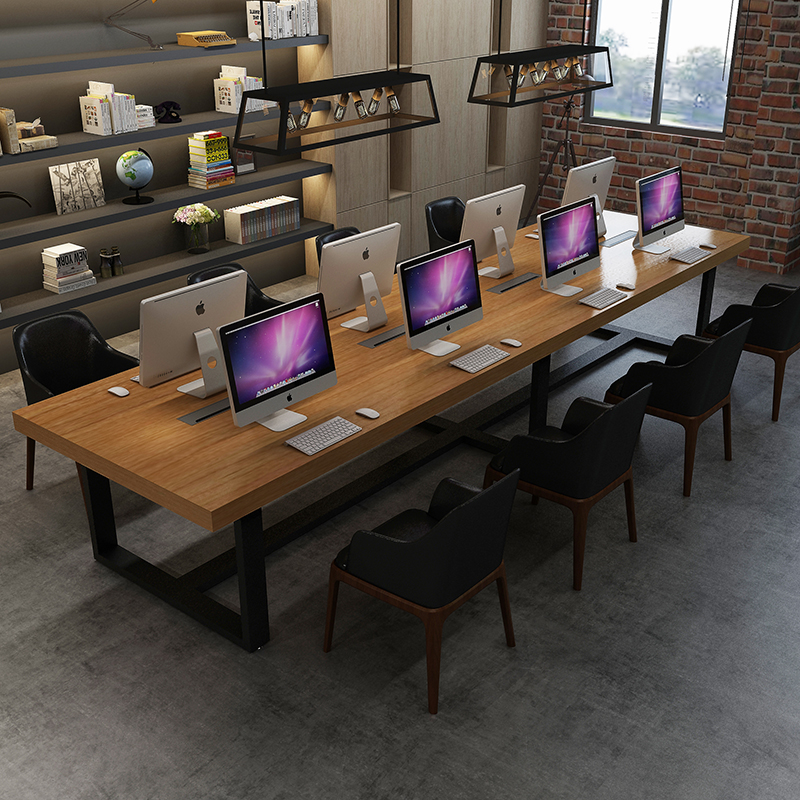 Xinlida Wrought iron long table Solid wood desk Rectangular small conference table Simple long table workbench