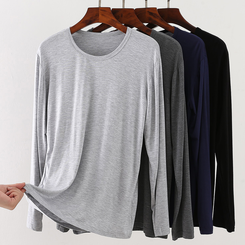 Men's ultra-thin Modell round neckline with long sleeves low collar large size for autumn clothes pure color elastic black beating bottom thin underwear