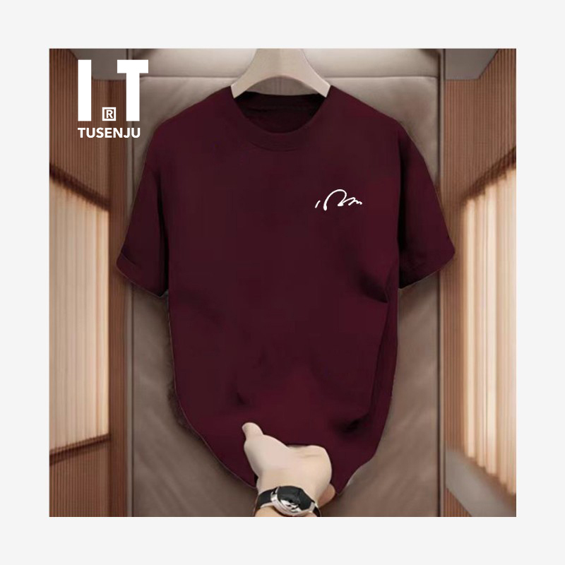 Hong Kong Trendy Men's Pure Cotton Short-Sleeve T-Shirt, New Summer Design, Burgundy Round Neck, Simple, Loose and Trendy Hong Kong Trendy Men's Pure Cotton Short-Sleeve T-Shirt, New Summer Design, Burgundy Round Neck, Simple, Loose and Trendy