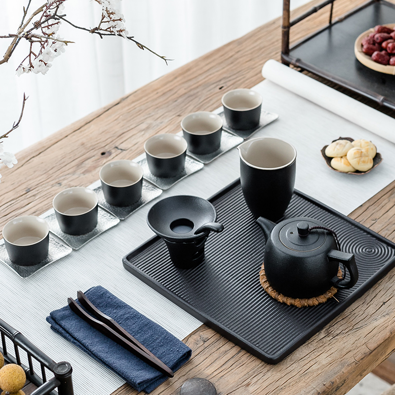 Black Pottery Household Tea Set Japanese Simple Ceramic Teacup Set Kung Fu Tea with Zen Tea Sea with Master Cup