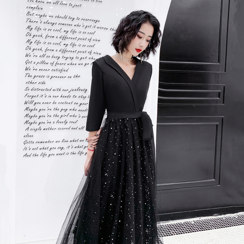 Evening dress prom gown Evening dress womenlong style air show queen party black temperament noble dress