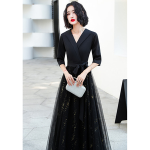 Evening dress prom gown Black evening dress female large size banquet temperament noble long belly covering dress skirt