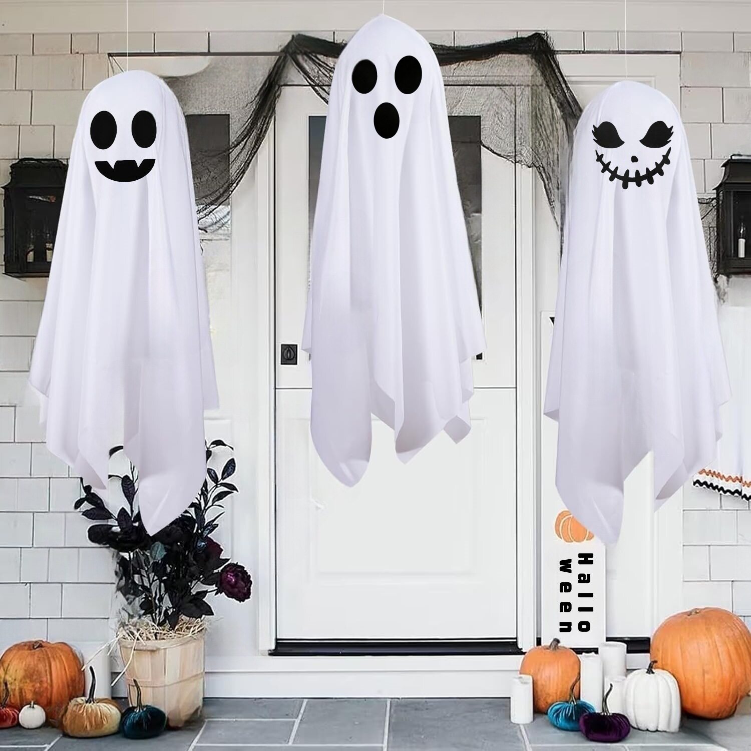 Halloween decorations, ghost ornaments, white cloth ghost pendants, outdoor party decorations, front porch and patio props.