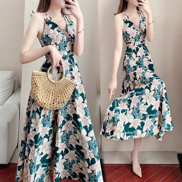 Chiffon Floral Sling Dress Women's Summer Dress 2022 New Temperament Seaside Vacation Slim Sexy Long Skirt